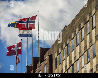 Drapeaux nationaux des pays scandinaves flottent devant un bâtiment, stockholm, mer baltique, suède, scandinavie Banque D'Images