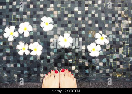 Beaux pieds féminins en piscine avec des fleurs de frangipanier blanc Banque D'Images