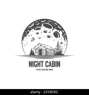 Vintage rétro cabine en bois Chalet Cottage Lodge avec la lune de nuit pour l'illustration d'aventure en plein air logo Vector Illustration de Vecteur