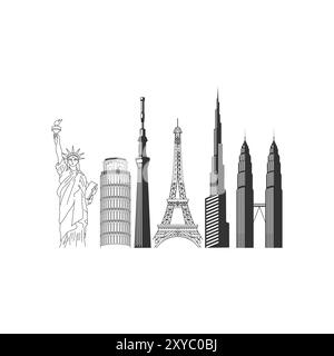 Ensemble de célèbres icônes de ville. New york Statue, Italie, France, Dubaï et Malaisie Landmark Towers. Illustration vectorielle Illustration de Vecteur