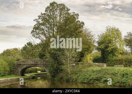 Un vieux pont de pierre sur le Monmouthshire Brecon canal à Pencelli, Powys, pays de Galles, Royaume-Uni Banque D'Images