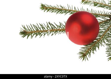 Boule de noël rouge et une brindille isolée sur fond blanc Banque D'Images