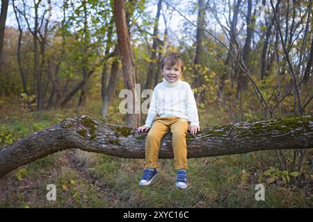 Sourire adorable petit garçon dans le parc sur le coucher du soleil assis sur l'arbre Banque D'Images