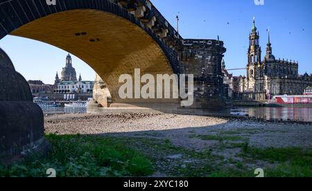 Dresde, Allemagne. 29 août 2024. Les berges de l'Elbe en contrebas du pont Auguste en face de la vieille ville avec la Frauenkirche (l), la Hofkirche et la Hausmannsturm sont sèches. Le niveau de l'Elbe à Dresde est actuellement de 80 centimètres. Crédit : Robert Michael/dpa/Alamy Live News Banque D'Images