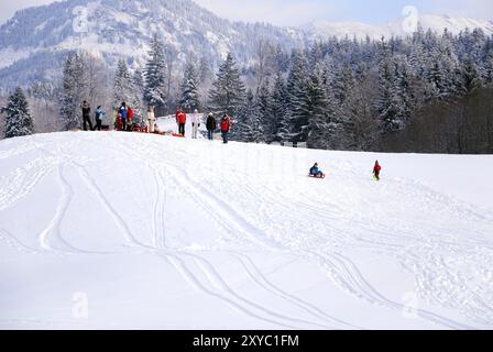 Parents et enfants en luge sur une colline à allgaeu, bavière, allemagne Banque D'Images