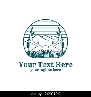 Hipster Deer Antlers Mountain avec Pine Conifer Evergreen Spruce Fir Larch Forest for Hunting Adventure logo Design Illustration de Vecteur