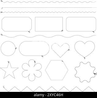 Lignes et formes de flèches pointillées, coeur, étoile, carré, cercle, fleur, et d'autres formes en pointillés avec l'icône ciseaux. Illustration de Vecteur