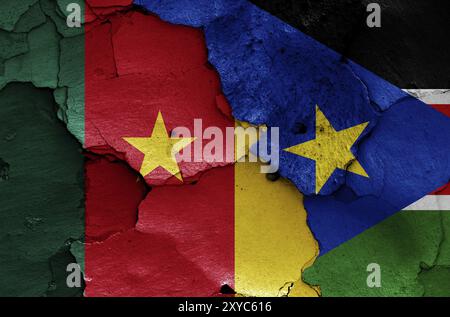 Drapeaux du Cameroun et du Sud Soudan peints sur un mur fissuré Banque D'Images