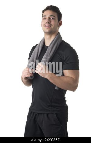 Fit l'homme avec une serviette autour de son cou, isolé en blanc Banque D'Images