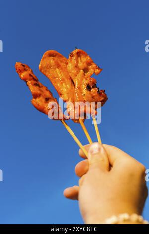 Trois délicieux morceaux de poulet barbecue satay sur un bâton sont tenus sur le fond bleu d'un ciel clair. Le poulet sur un bâton est une rue commune Banque D'Images