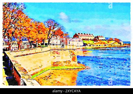 Berwick-upon-Tweed - le mur de la ville élisabéthaine à Berwick-upon-Tweed, et les maisons mitoyennes de la ville, face à la mer, par un jour de printemps lumineux, N Banque D'Images