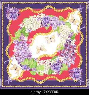 Motif aquarelle pour foulard en soie et imprimé textile. Conception de mouchoir ou bandana. Fleurs de printemps lilas, papillons et chaînes juvéniles dorées. B Banque D'Images