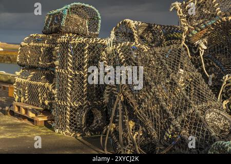 Pièges à poissons en face de nuages sombres, vu dans le port de Seahouses dans le Northumberland, England, UK Banque D'Images