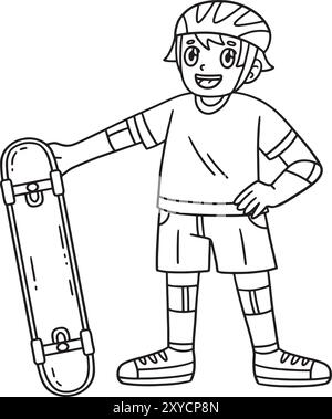Garçon avec une page de coloration isolée de skateboard Illustration de Vecteur