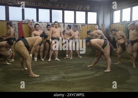 Tokyo, Japon, 21 décembre 2014 : un lutteur de sumo japonais s'entraîne dans son stand dans le district de Ryogoku, en Asie Banque D'Images