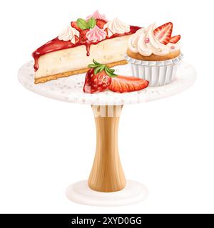 Une composition de cheesecake, cupcake et fraises sur un stand de desserts. Un plat avec des bonbons de confiserie aux baies. Un gâteau d’anniversaire à la crème, Banque D'Images