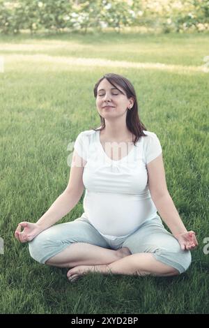 Femme enceinte méditant en position lotus dans le jardin d'été Banque D'Images