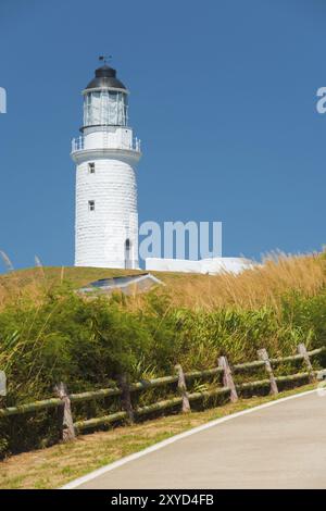 Le pittoresque phare blanc de Dongju parmi une mer de hautes herbes sur l'île de Juguang sur les îles Matsu à Taiwan Banque D'Images