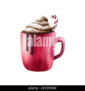 Tasse de cacao de Noël, café à la crème fouettée et une canne à bonbons. Tasse rouge hiver, illustration peinte à la main à l'aquarelle isolée sur fond. Pour d Banque D'Images