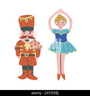 Casse-noisette de Noël mignon pour enfants et danseuse de ballet Joy personnages ensemble, personnes souriantes. Illustration vectorielle de concept de joyeuses fêtes. Noël et nouveau YE Illustration de Vecteur