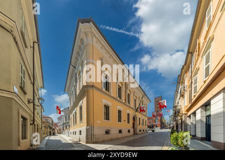 Asti, Italie - 20 août 2024 : bâtiments historiques dans le Corso Vittorio Alfieri et la zone piétonne pavée via Ottollenghi avec vue sur le Comenti Banque D'Images