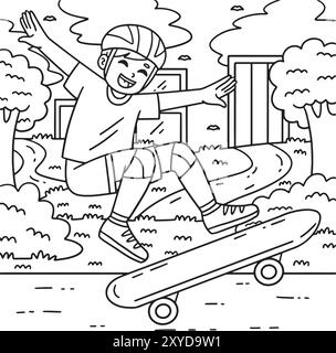 Skateboard Boy faisant une page de coloriage Ollie Illustration de Vecteur