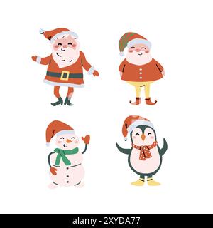 Ensemble de personnages de Noël mignons pour enfants, personne souriante avec cadeau. Illustration de concept de joyeuses fêtes. Noël et nouvel an plat de célébration de dessin animé fai Illustration de Vecteur