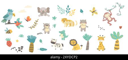Ensemble safari pour bébés animaux mignons. Illustration vectorielle. Animaux africains pour enfants - lion, singe, crocodile, rhinocéros, éléphant, zèbre, léopard, girafe pour Illustration de Vecteur