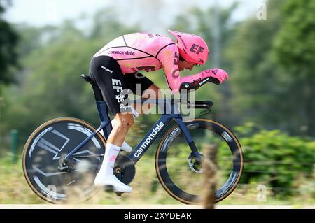 Tessenderlo, Belgique. 29 août 2024. Le suisse Stefan Bissegger d'EF Education-EasyPost photographié lors de la deuxième étape de la course cycliste en plusieurs étapes Renewi Tour, un contre-la-montre de 15,4 km à Tessenderlo le jeudi 29 août 2024. La course de cinq jours se déroule en Belgique et aux pays-Bas. BELGA PHOTO DAVID PINTENS crédit : Belga News Agency/Alamy Live News Banque D'Images