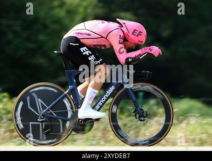 Tessenderlo, Belgique. 29 août 2024. Le suisse Stefan Bissegger d'EF Education-EasyPost photographié lors de la deuxième étape de la course cycliste en plusieurs étapes Renewi Tour, un contre-la-montre de 15,4 km à Tessenderlo le jeudi 29 août 2024. La course de cinq jours se déroule en Belgique et aux pays-Bas. BELGA PHOTO DAVID PINTENS crédit : Belga News Agency/Alamy Live News Banque D'Images