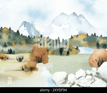 Esquisse aquarelle des montagnes et de la forêt. Paysage abstrait dessiné à la main. Arbres, sapins et collines isolés sur fond blanc. Elément pour la conception d'un poteau Banque D'Images