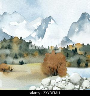Esquisse aquarelle des montagnes et de la forêt. Paysage abstrait dessiné à la main. Arbres, sapins et collines isolés sur fond blanc. Elément pour la conception d'un poteau Banque D'Images