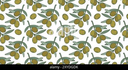 Olives juteuses mûres vertes avec fond de feuillage. Modèle sans couture pour huile d'olive extra vierge. Impression verte naturelle avec des fruits pour la conception de l'emballage Illustration de Vecteur