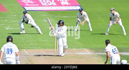 Hove UK 29 août 2024 - Tom Haines battant pour le Sussex lors de la première journée du match de cricket Vitality County Championship League Two entre le Sussex et le Derbyshire au 1er Central County Ground à Hove : crédit Simon Dack /TPI/ Alamy Live News Banque D'Images