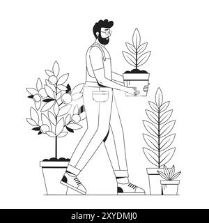 Ligne minimaliste jardinier homme portant plante dans pot Illustration de Vecteur
