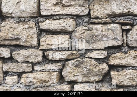 Le fond texturé en gros plan est un mur irrégulier en pierre naturelle fait de différentes pierres sans mélange de liaison de type ciment. Fond médiéval Banque D'Images