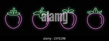 Signe fluo violet et vert brillant d'un fruit de kaki dans quatre styles différents sur un fond noir Illustration de Vecteur