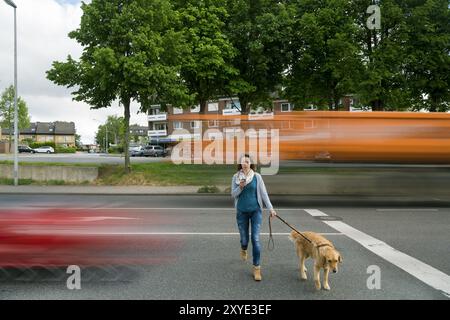 Une femme avec un chien traverse une rue et ne regarde que son smartphone. Génération de smartphones Banque D'Images