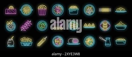 Ensemble d'icônes colorées au néon représentant divers plats internationaux, mettant en valeur la diversité des délices culinaires mondiaux Illustration de Vecteur