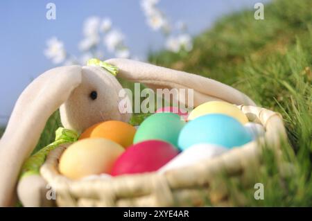 Lapin de Pâques avec un panier plein d'œufs colorés. Nature printanière pittoresque Banque D'Images