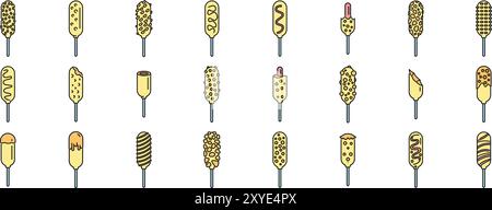 Ensemble de différents chiens de maïs avec différentes garnitures trempées dans de la moutarde ou du chocolat Illustration de Vecteur