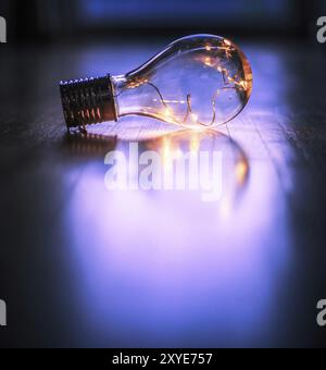 L'ampoule LED repose sur le plancher en bois. Symbole des idées et de l'innovation. Fenêtre et lumière dans l'arrière-plan flou Banque D'Images