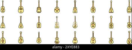 Ensemble de différentes guitares acoustiques et classiques montrant la variété de formes et de tailles, instruments de musique à cordes pour jouer de la musique Illustration de Vecteur