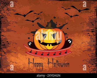 Une citrouille avec deux yeux et une bouche est sur un ruban rouge. La citrouille est entourée d'un tas de chauves-souris. L'arrière-plan est orange et a une ambiance effrayante. Illustration de Vecteur