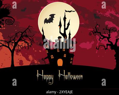 Une affiche sur le thème d'Halloween avec un château et des chauves-souris volant en arrière-plan. Le château est entouré d'arbres et la lune est dans le ciel. L'affiche sa Illustration de Vecteur