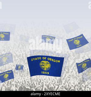 Foule de gens agitant le drapeau de l'Oregon carré graphique pour les médias sociaux et les nouvelles. Illustration vectorielle. Illustration de Vecteur