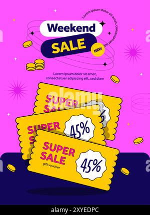 Modèle de bannière de coupon de vente de week-end dans le style plat 2d avec code coupon, pourcentage de réduction, isolé sur fond. Affiche de bulletin d'information sur les chèques-cadeaux. vecteur de coupon de dessin animé 2d. Illustration vectorielle Illustration de Vecteur