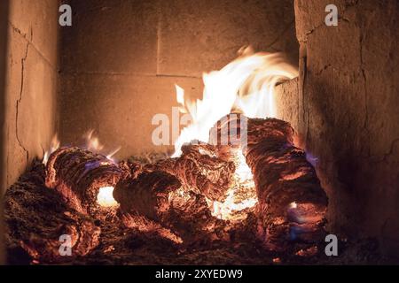 Blaze feu flamme dans poêle, orange et noir Banque D'Images