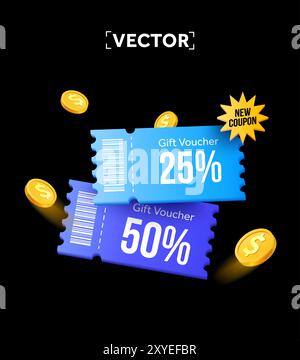 coupons premium 3d avec code coupon, code à barres, pièces d'or, isolé sur fond sombre. Modèle de bannière pop-up de bon cadeau vendredi fou. illustration vectorielle 3d. Illustration vectorielle Illustration de Vecteur