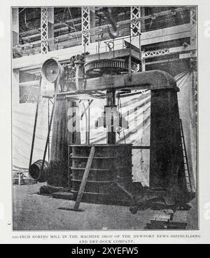 USINE D'ALÉSAGE DE 110 POUCES DANS L'ATELIER D'USINAGE DE LA SOCIÉTÉ DE CONSTRUCTION NAVALE ET DE CALE SÈCHE NEWPORT NEWS. NEWPORT NEWS. VA. Tiré de l'article LES CHANTIERS NAVALS DES ÉTATS-UNIS. Waldon Fawcett. Tiré de l'Engineering Magazine consacré au progrès industriel volume XIX 1900 The Engineering Magazine Co Banque D'Images